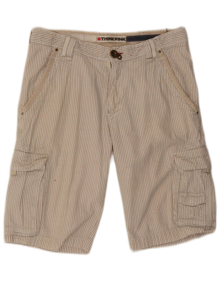 Pantaloni scurți cargo pentru bărbați Think Pink W32, bumbac cu dungi mari, bej