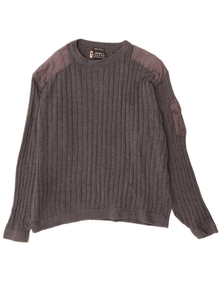 Eddie Bauer Pulover pentru bărbați cu gât roșu, mare, gri, bumbac color bloc