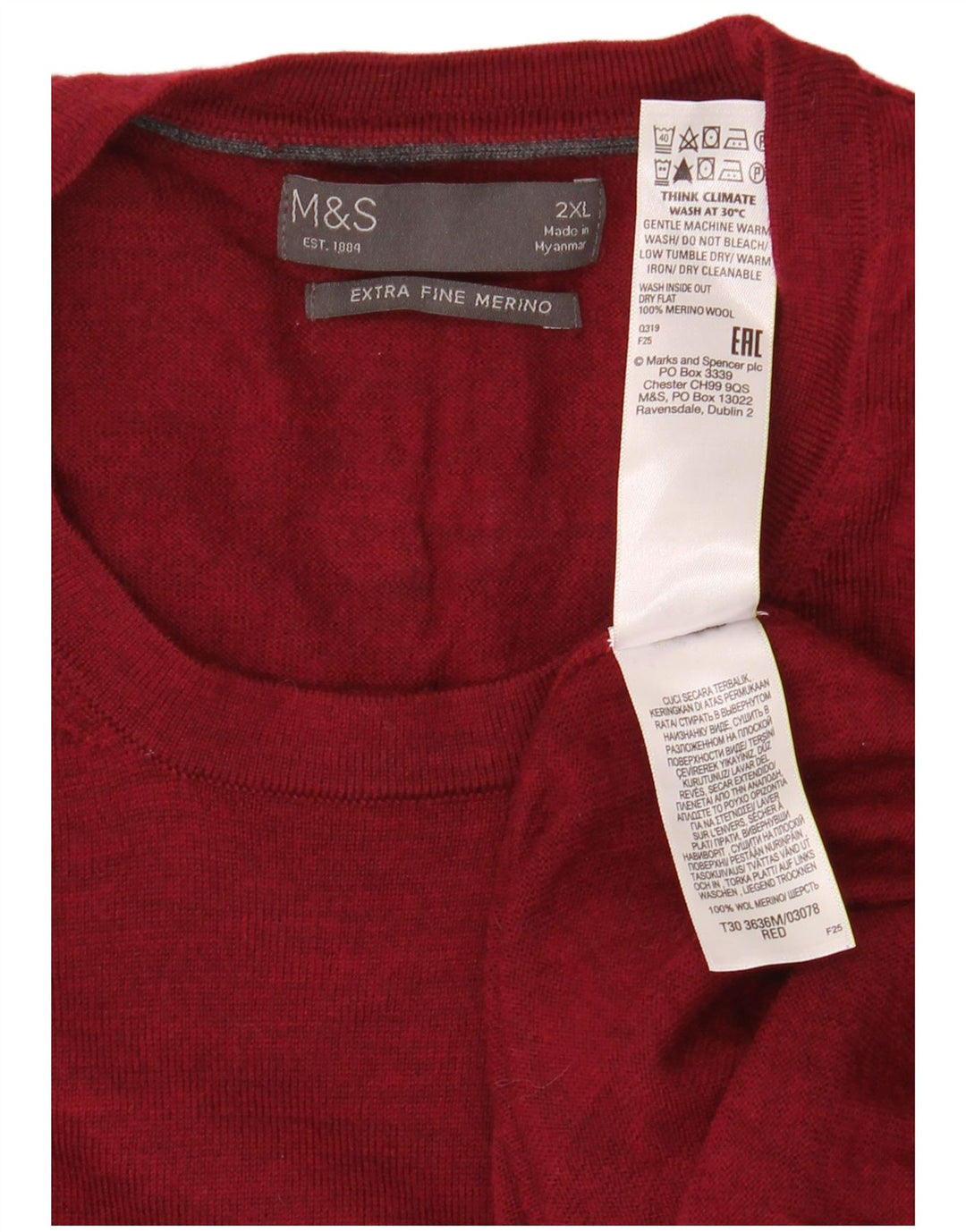 Pulover Marks & Spencer pentru bărbați cu gât roșu, lână merinos XL