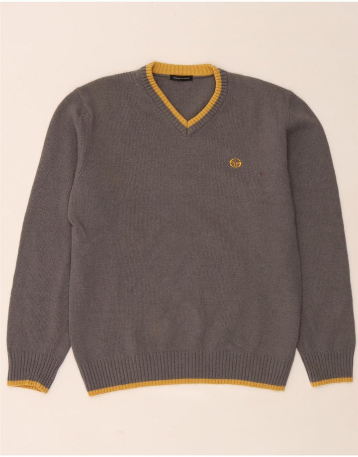 Sergio Tacchini Pulover cu decolteu în V pentru bărbați din lână mare cu dungi gri