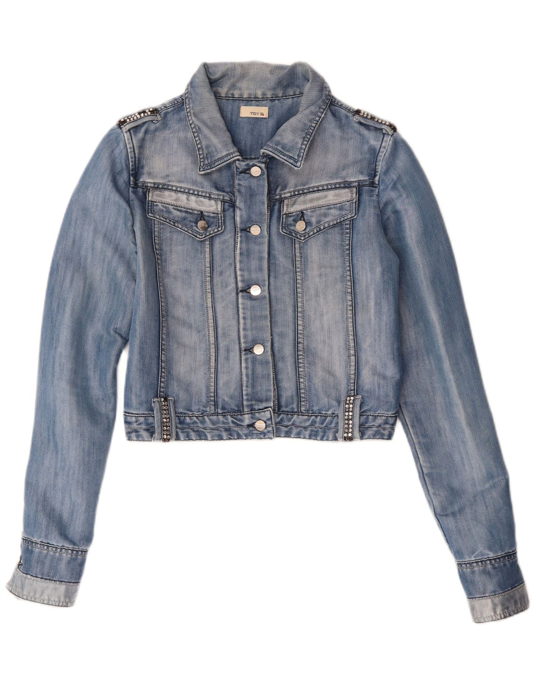 TOY G Jachetă de denim crop pentru femei UK 12 Medium Blue