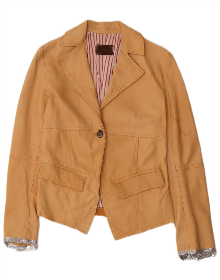 VINTAGE Womens Leather 1 Button Blazer Jacket IT 40 Small Beige Leather