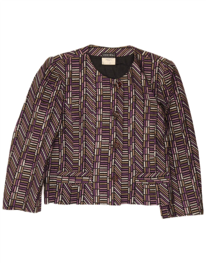 Jachetă vintage pentru femei cu 4 nasturi, UK 14, mătase geometrică violet mediu