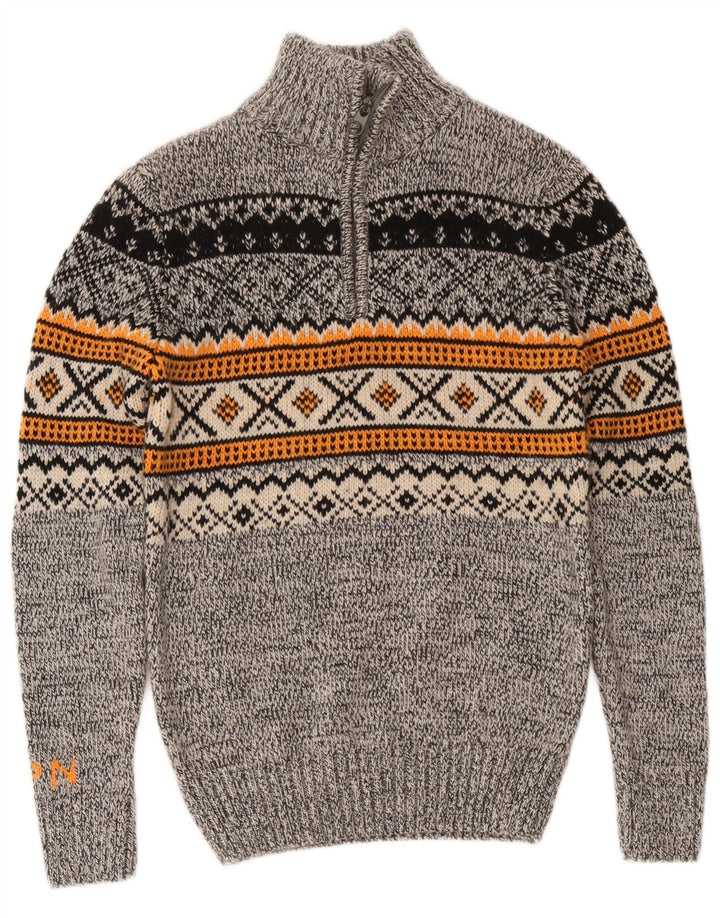 Pulover Superdry pentru bărbați, cu fermoar, cu gât, mic, gri Fair Isle, acrilic