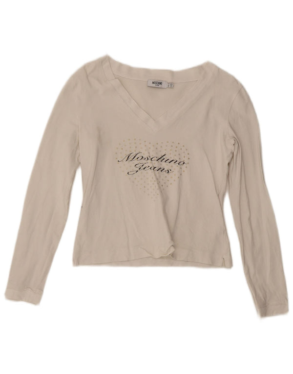 Moschino Crop Graphic Top pentru femei cu mânecă lungă UK 14 Bumbac alb mediu
