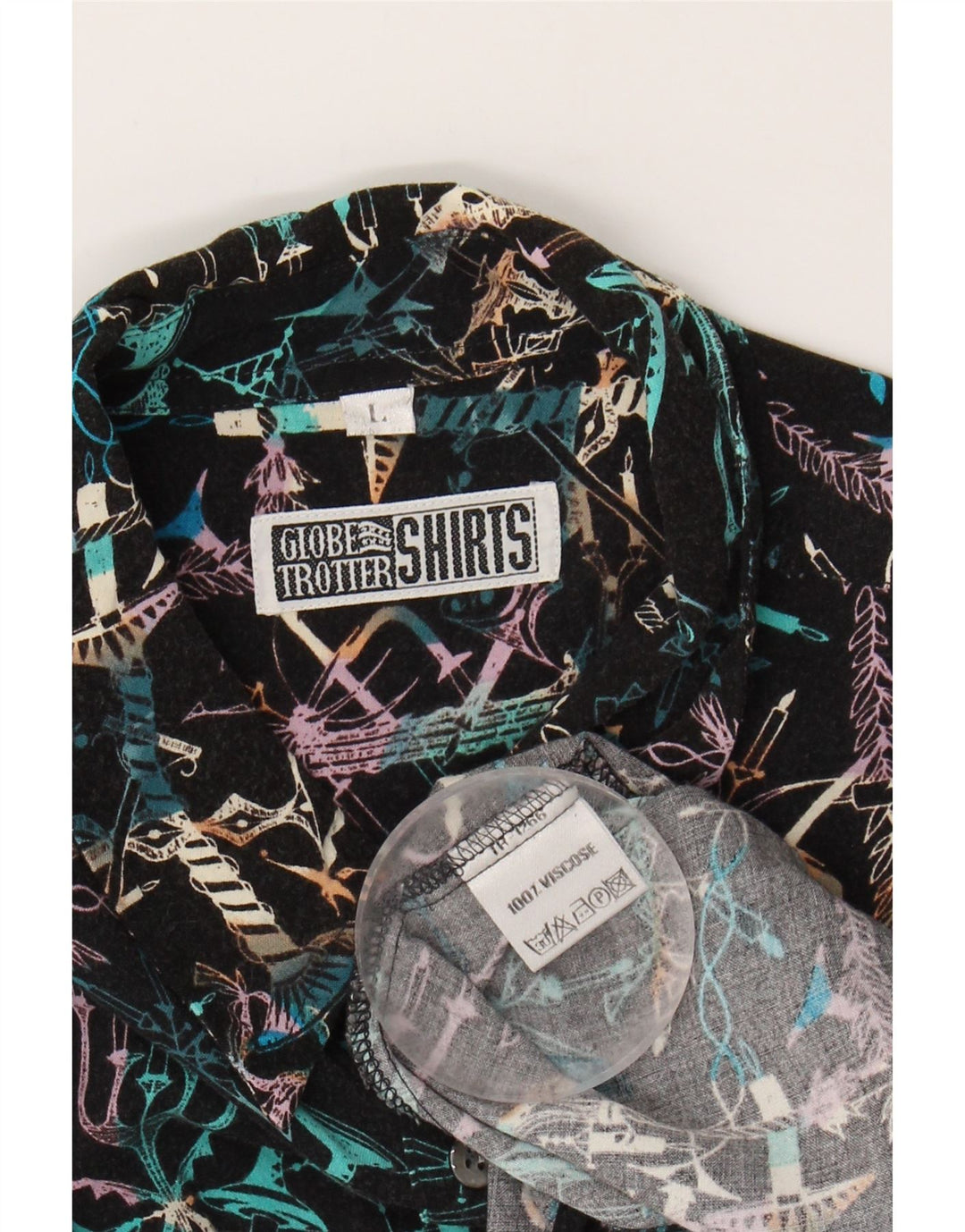 GLOBE TROTTER Mens Abstract Pattern Shirt Large Black Viscose Vintage Globe Trotter and Second-Hand Globe Trotter from Messina Hembry 