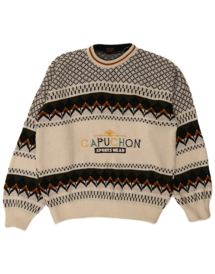 Pulover vintage pentru bărbați cu decolteu rotund cu grafic alb mediu geometric retro