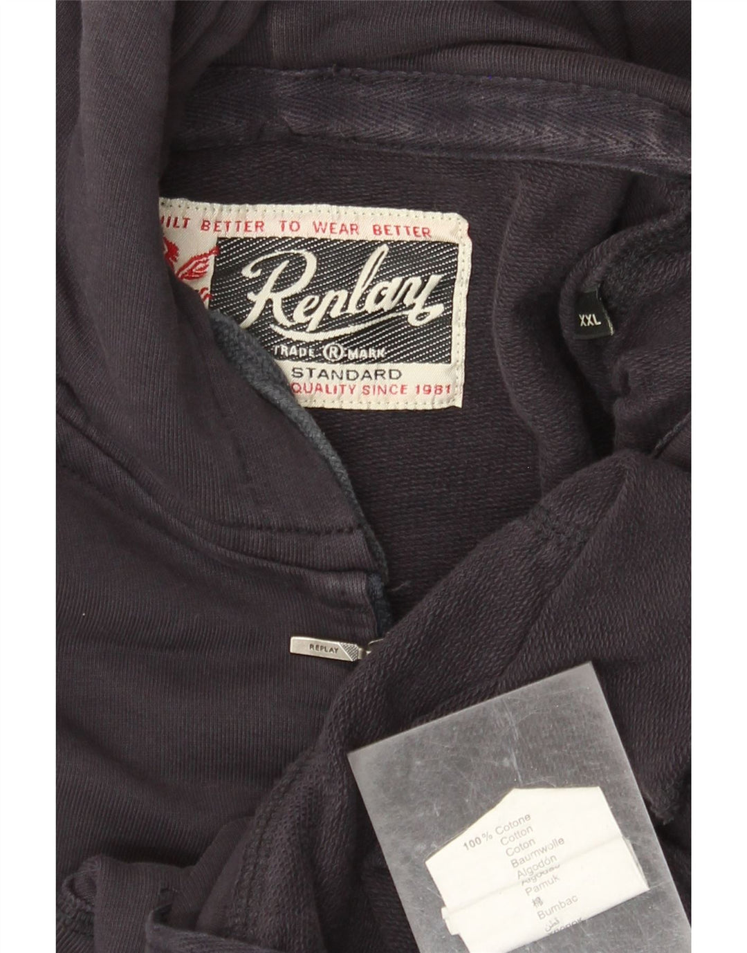 REPLAY Pulover cu glugă cu fermoar grafic pentru bărbați 2XL bumbac bleumarin