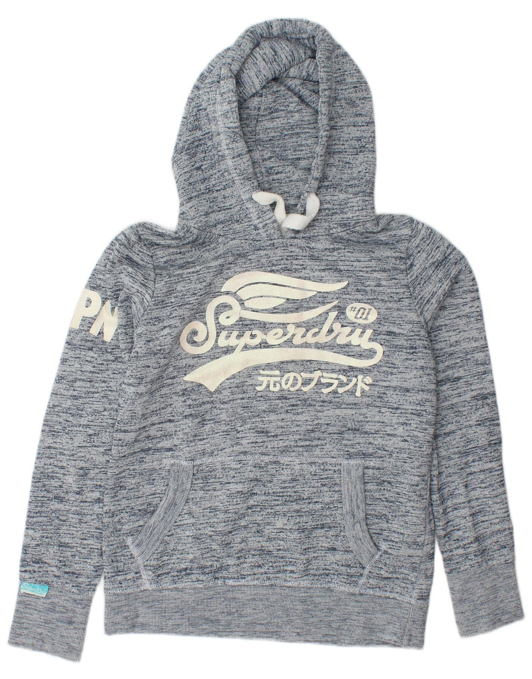 SUPERDRY Pulover cu glugă cu grafic pentru femei UK 16 mare, albastru marin, bumbac cu pete