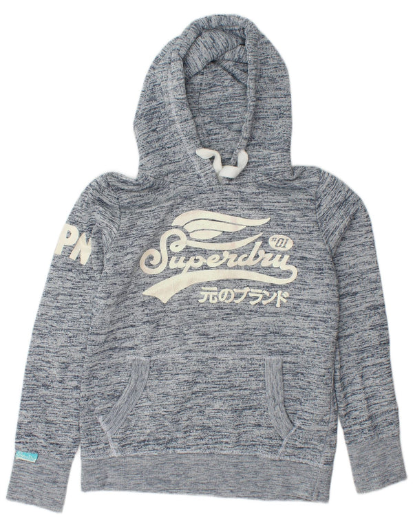 SUPERDRY Pulover cu glugă cu grafic pentru femei UK 16 mare, albastru marin, bumbac cu pete