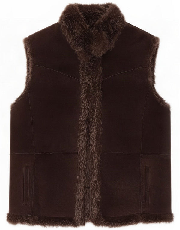 Vintage Womens Open Sherpa Gilet UK 12 Medium Brown