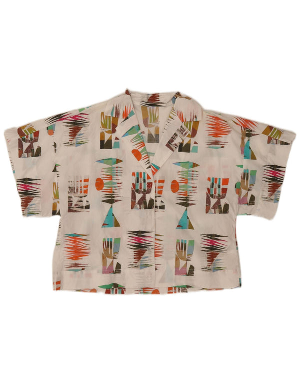 Bluză de cămașă cu mânecă scurtă pentru femei vintage UK 10 Bumbac geometric alb mic