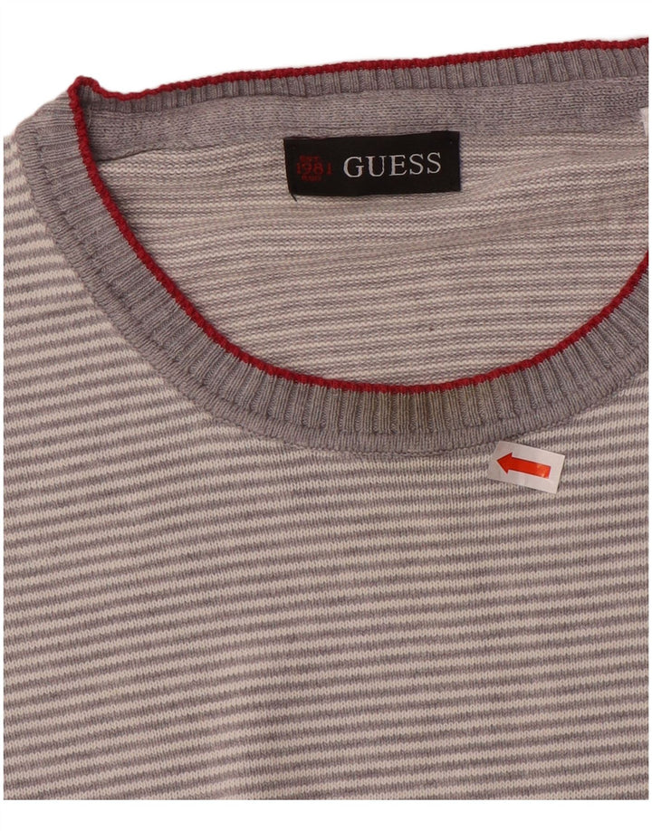 Pulover Guess pentru bărbați, cu gât crew, bumbac cu dungi mari, gri