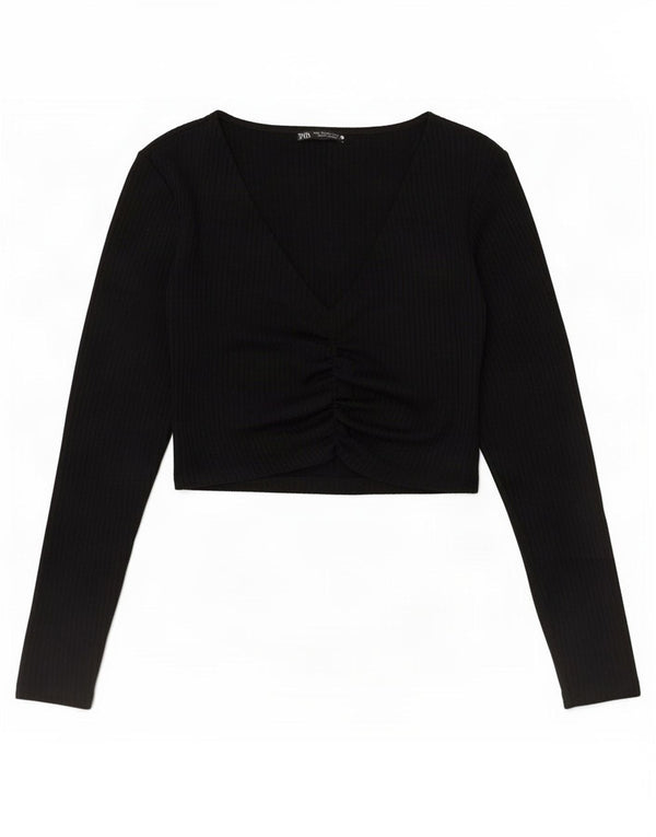Crop Top pentru femei Zara cu mânecă lungă UK 12 Poliester mediu negru