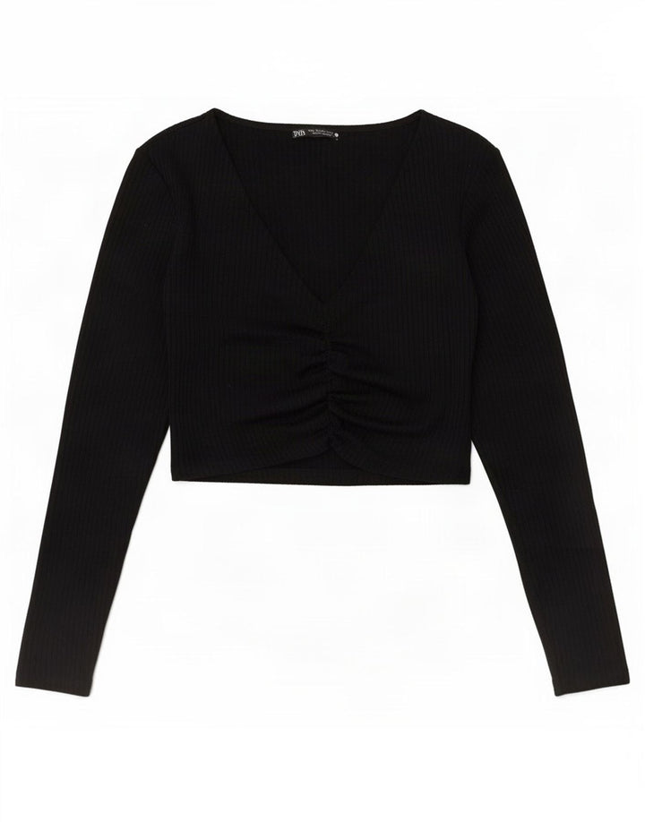 Crop Top pentru femei Zara cu mânecă lungă UK 12 Poliester mediu negru