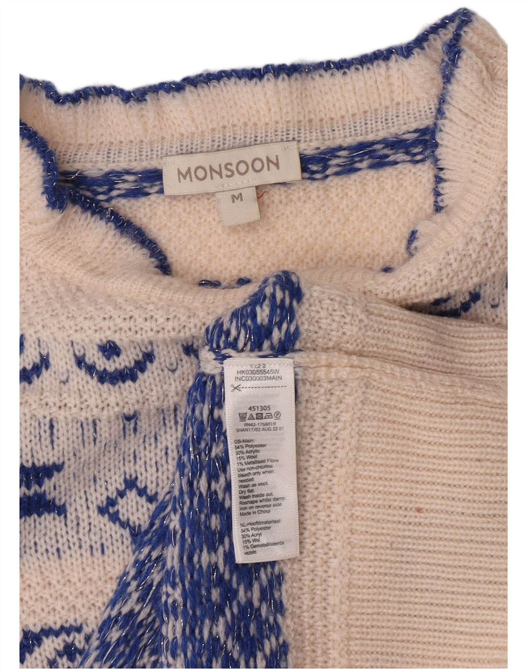 Monsoon Pulover cu gât țestoasă pentru femei UK 12 Medium White Fair Isle