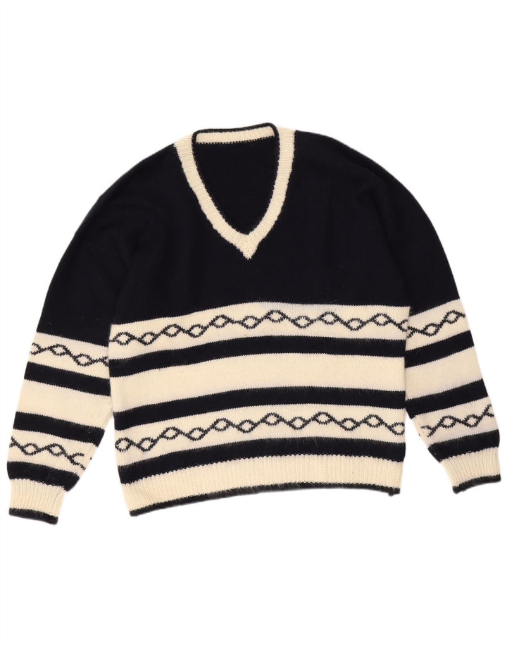 Pulover vintage pentru bărbați cu decolteu în V, mijlociu, bleumarin, geometric