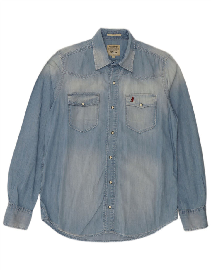 Cămașă Marlboro Classics pentru bărbați Acid Wash Slim Fit din denim, bumbac albastru mediu
