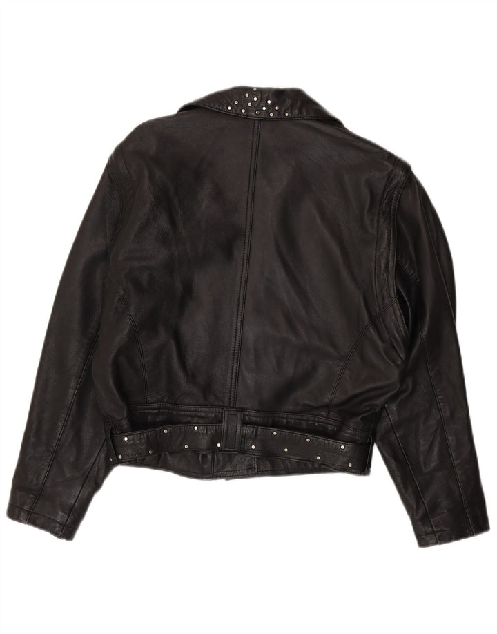 Jachetă de motociclist din piele crop vintage pentru femei UK 12 Medium Black Leather