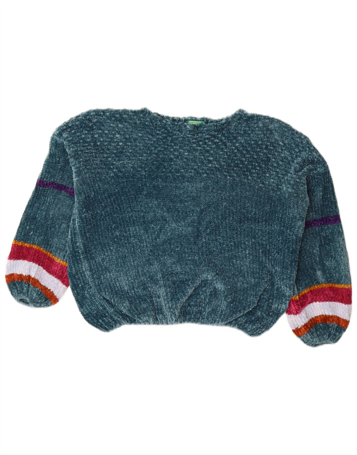 Pulover pentru femei din velur cu gât barca BENETTON UK 12, verde mediu, cu dungi