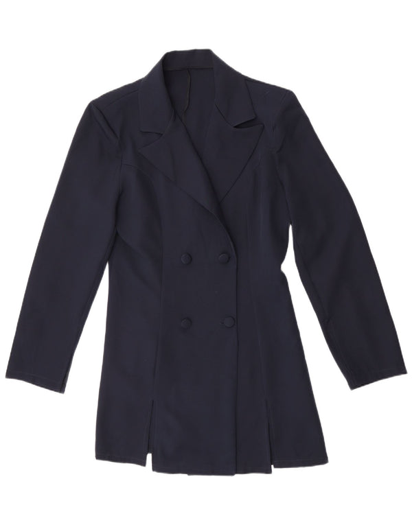 Vintage Womens Double Breasted Coat UK 14 Medium Navy Blue Polyester