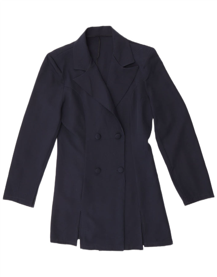 Palton dublu pentru femei vintage UK 14 Poliester bleumarin mediu