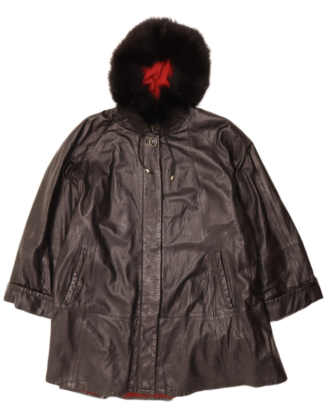 VINTAGE Palton supradimensionat din piele cu glugă pentru femei IT 42 Piele neagră medie