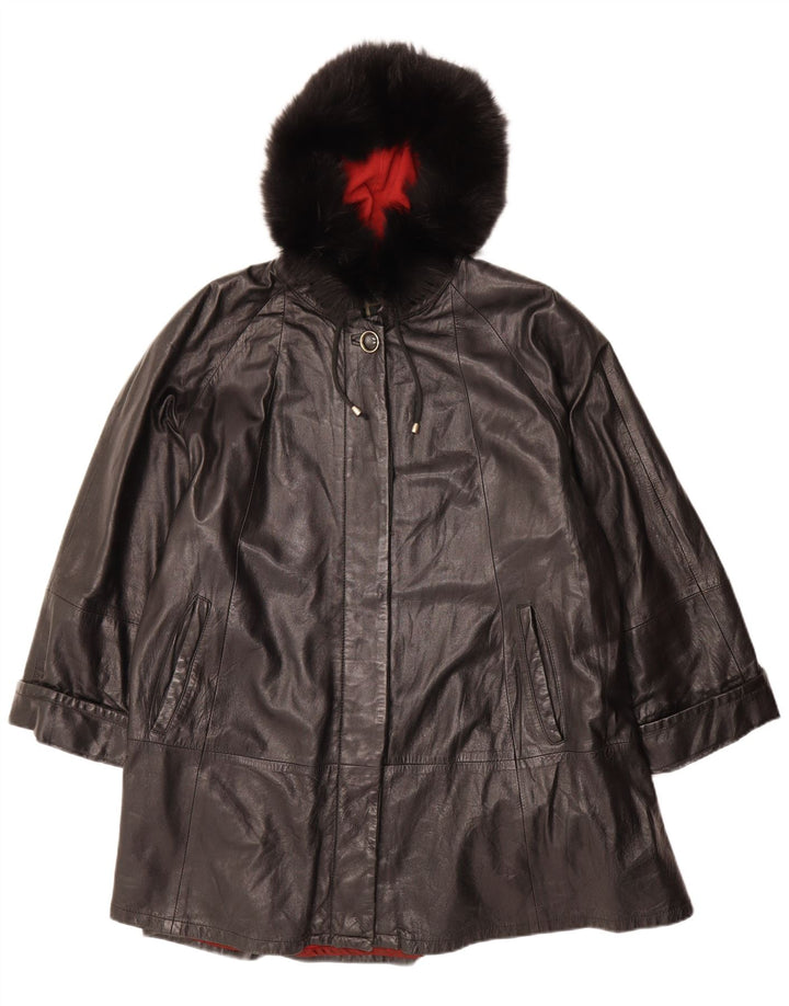 VINTAGE Palton supradimensionat din piele cu glugă pentru femei IT 42 Piele neagră medie