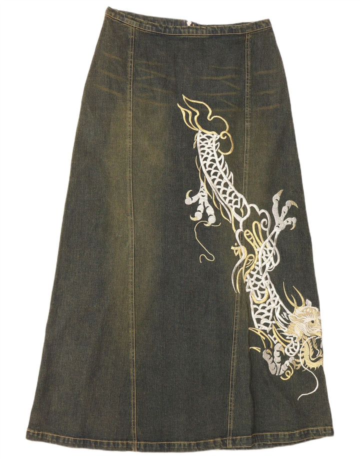 Fusta de denim grafică pentru femei VINTAGE UK 12 Medium W30 Bumbac albastru