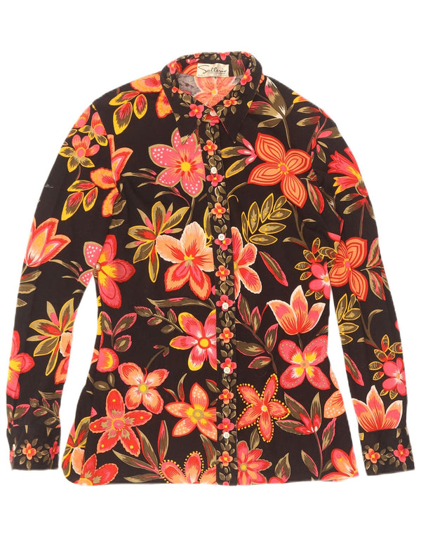 Bluză de cămașă vintage pentru femei UK 12 Medium Black Floral Bumbac