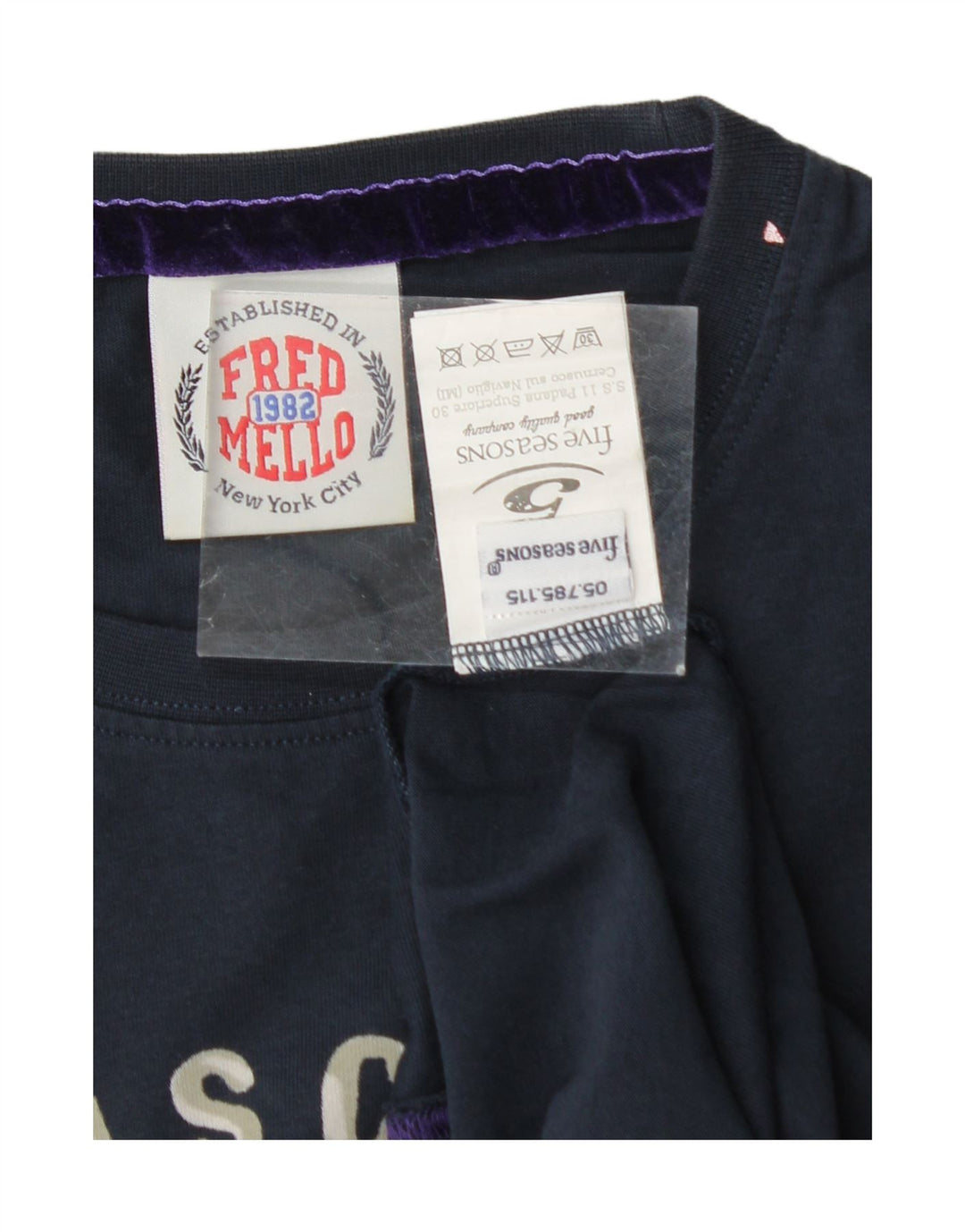 FRED MELLO Mens Graphic T-Shirt Top Large Navy Blue Cotton Vintage Fred Mello and Second-Hand Fred Mello from Messina Hembry 
