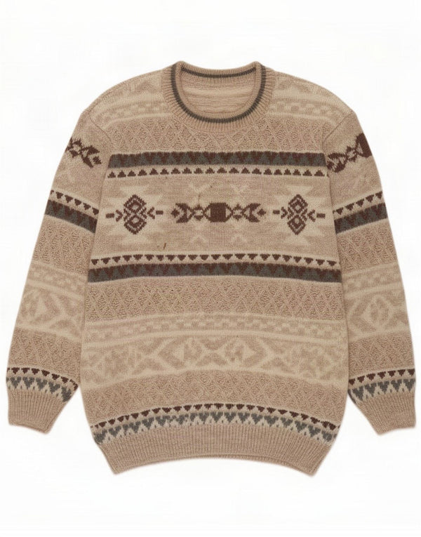 Vintage Pulover pentru bărbați cu gât roșu, mare, bej, lână geometrică