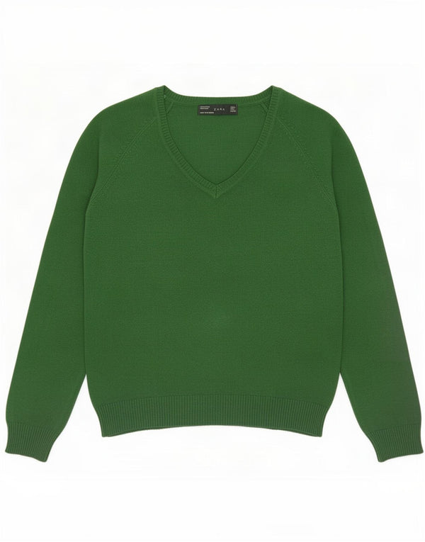 Pulover cu decolteu în V Zara pentru femei UK 14, bumbac verde mare