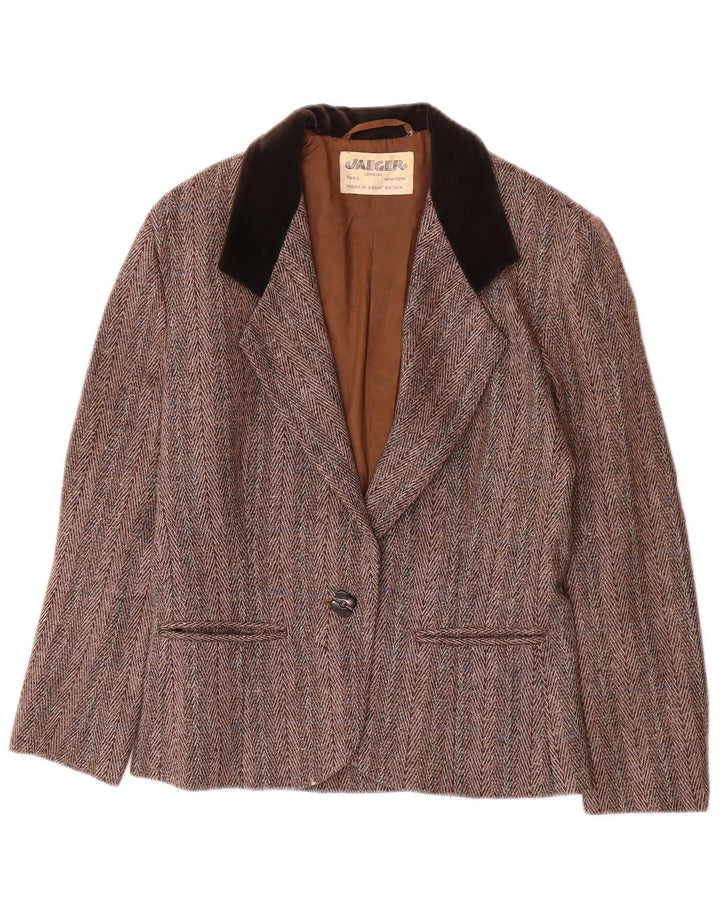 JAEGER Womens 1 Button Blazer Jacket UK 6 XS Brown Herringbone Wool