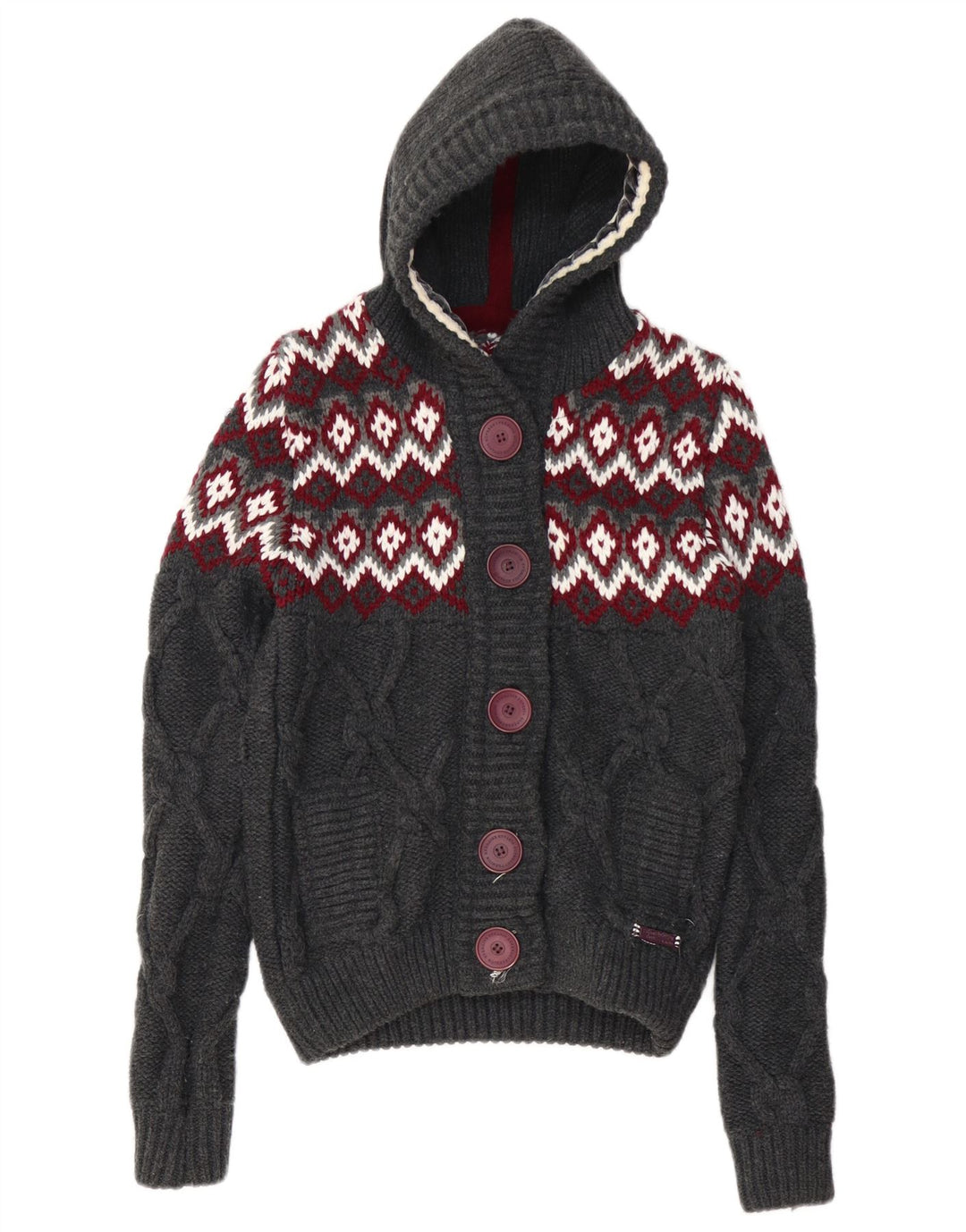 Pulover cardigan cu glugă SUPERDRY pentru femei UK 10 mic gri Fair Isle acrilic