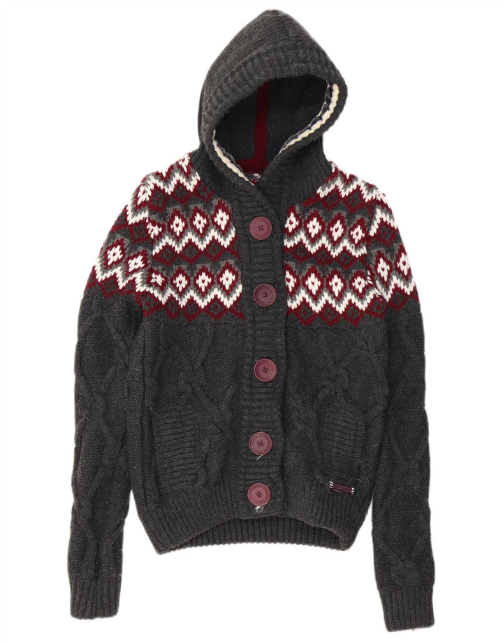 Pulover cardigan cu glugă SUPERDRY pentru femei UK 10 mic gri Fair Isle acrilic