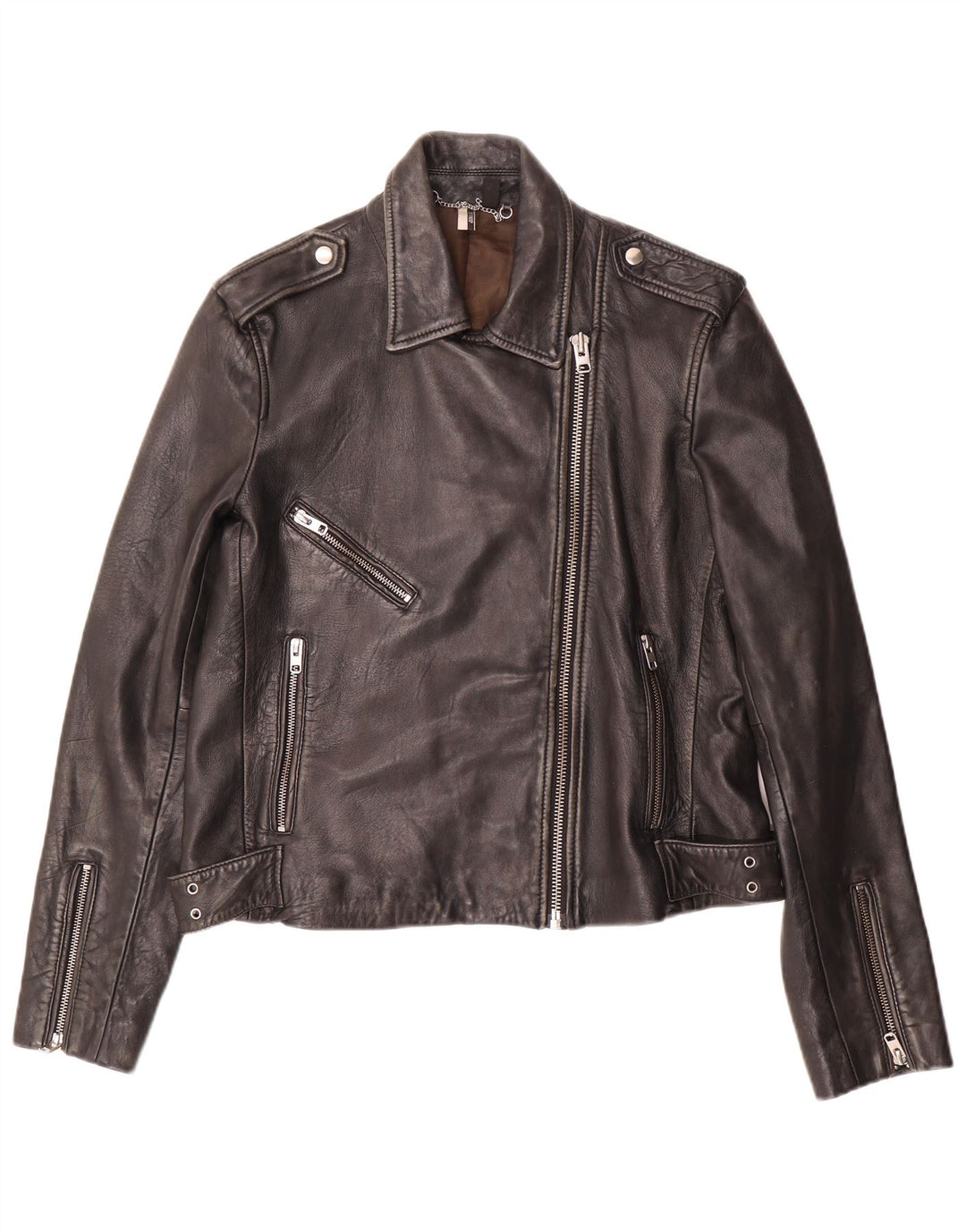 Geacă de motociclist din piele pentru femei Topshop UK 14, piele de miel neagră mare