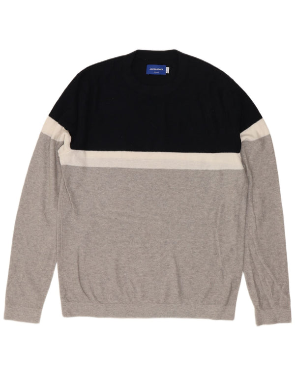 Pulover Jack & Jones pentru bărbați cu gât roșu, bumbac color bloc, gri mediu