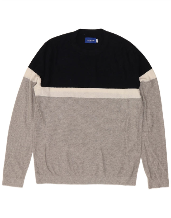 Pulover Jack & Jones pentru bărbați cu gât roșu, bumbac color bloc, gri mediu
