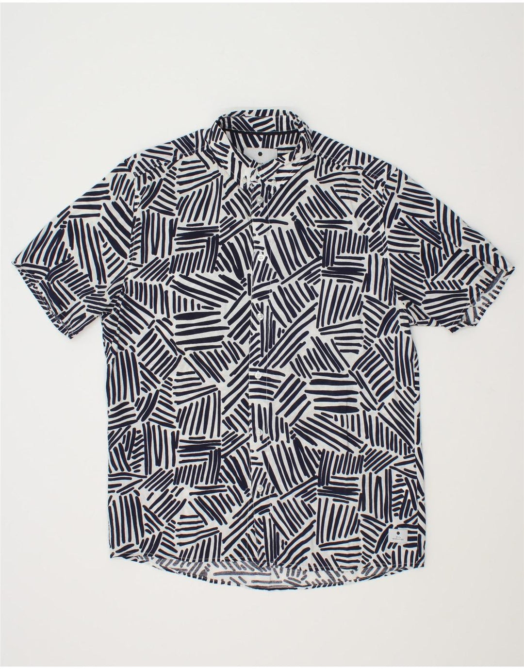 VINTAGE Mens Abstract Pattern Short Sleeve Shirt Large Navy Blue Polyester Vintage Vintage and Second-Hand Vintage from Messina Hembry 