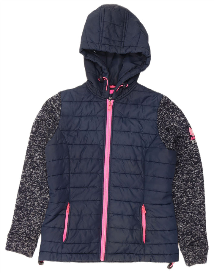 SUPERDRY Womens Hooded Padded Jacket UK 10 Small Navy Blue Flecked