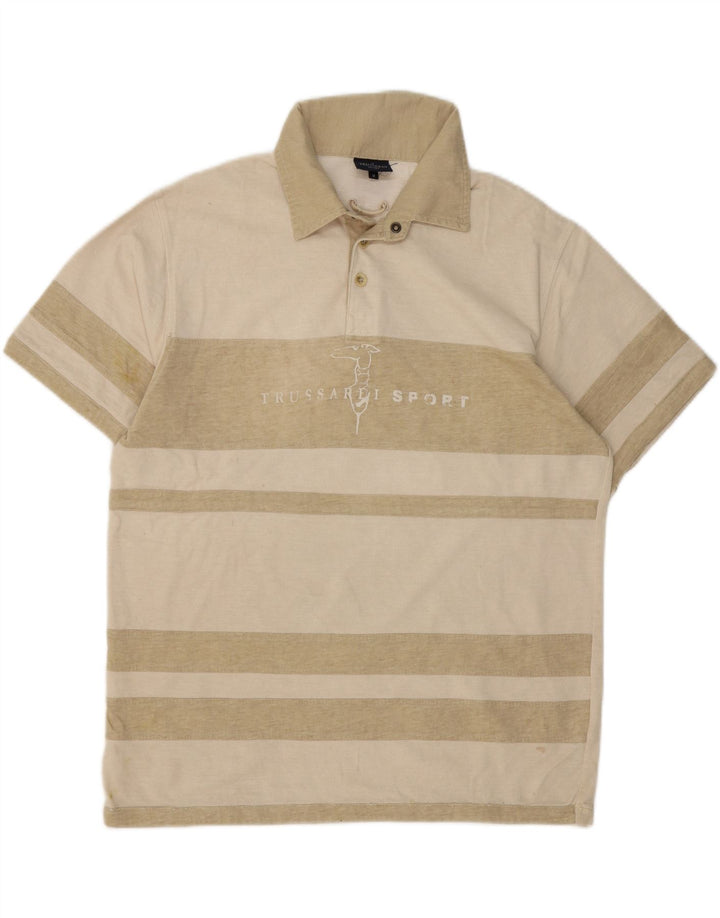 TRUSSARDI Mens Graphic Polo Shirt Medium Beige Striped Vintage Trussardi and Second-Hand Trussardi from Messina Hembry 