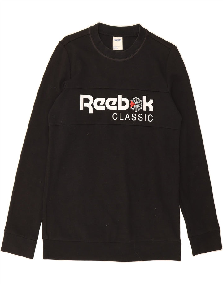 REEBOK Mens Graphic Sweatshirt Jumper Medium Black Cotton Vintage Reebok and Second-Hand Reebok from Messina Hembry 