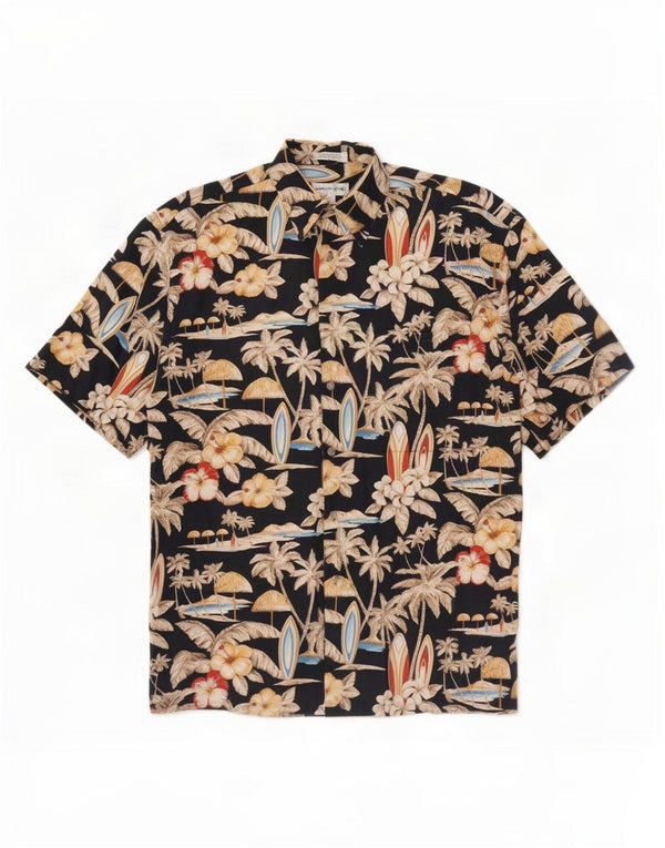 Pierre Cardin Mens Short Sleeve Shirt Medium Black Floral Cotton Hawaiian