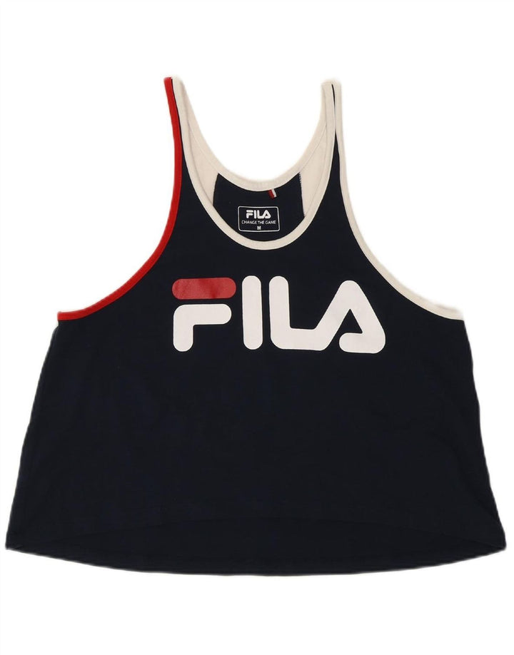 FILA Womens Crop Graphic Cami Top UK 14 Medium Navy Blue Colourblock