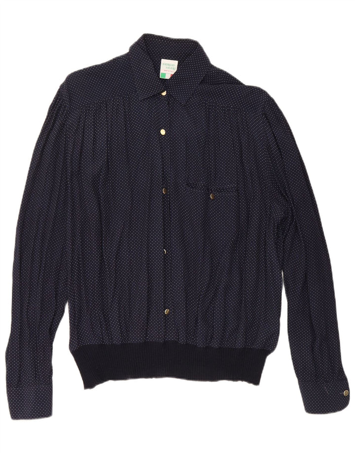 Bluză cămașă pentru femei VINTAGE UK 16 mare, albastru marin, viscoză cu pete