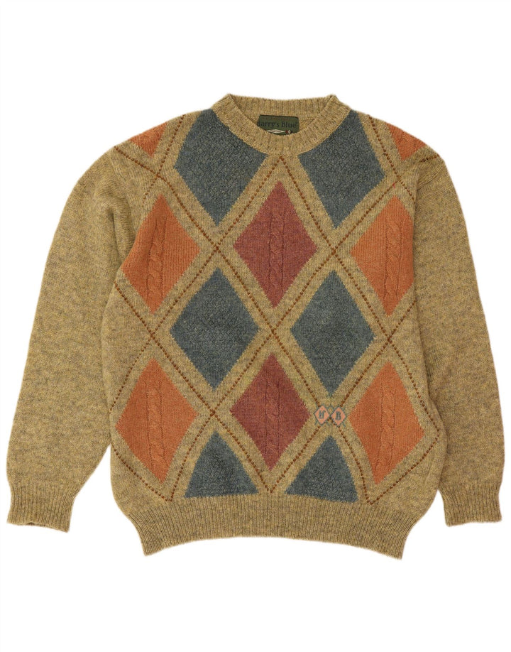 Pulover vintage pentru bărbați cu decolteu triplu, verde mediu, lână Argyle/Diamond
