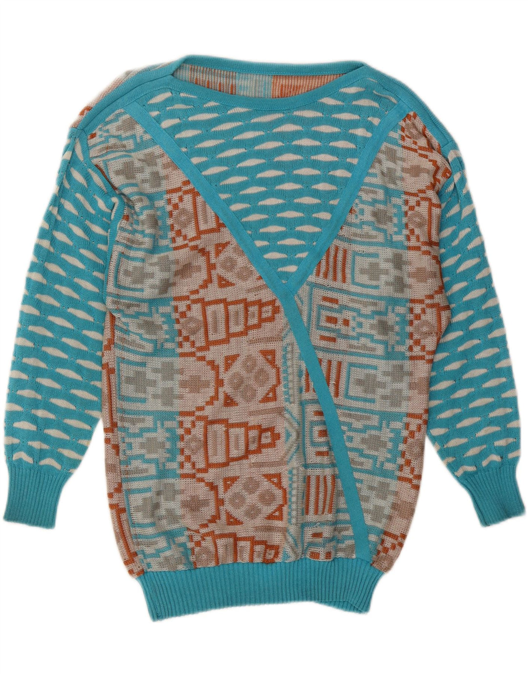 VINTAGE Pulover cu gât de barcă pentru femei UK 14 Medium Blue Geometric