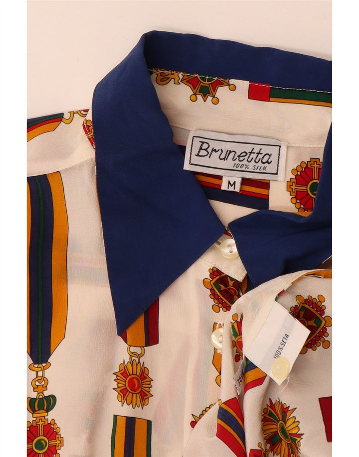 Bluză de cămașă vintage cu model abstract pentru femei UK 14 Medium White Colorblock