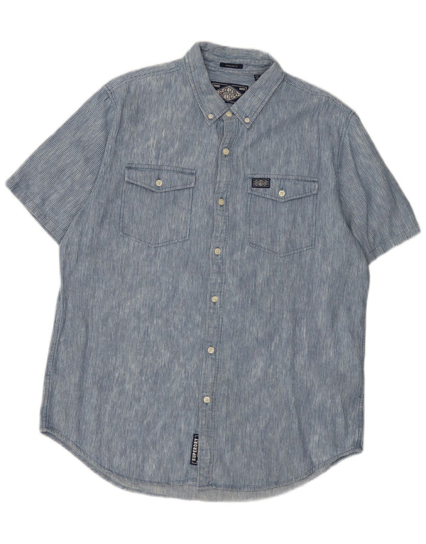 Cămașă Superdry pentru bărbați, cu mânecă scurtă, cu formă normală, 2XL, bumbac cu dungi albastre